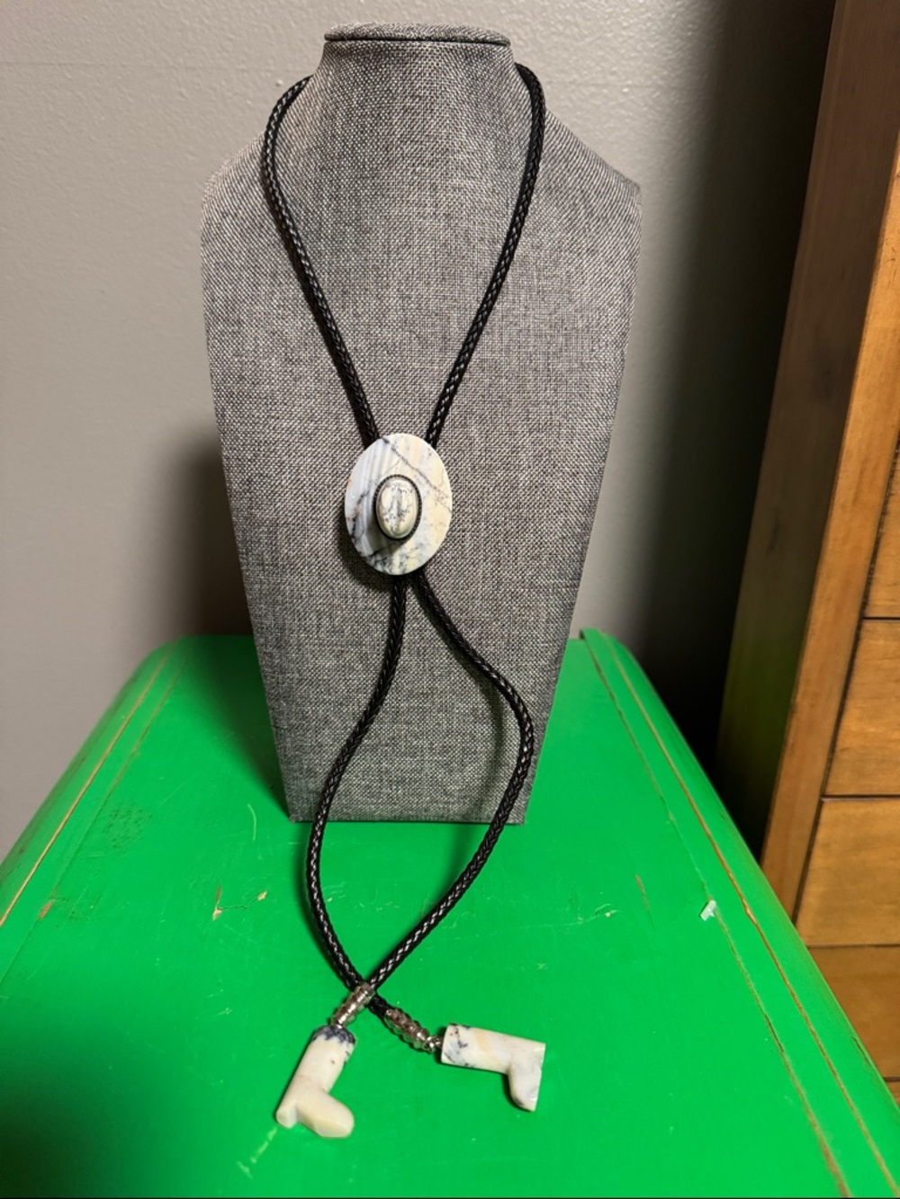 White Howlite Bolo Tie Necklace with Black Braided Cord